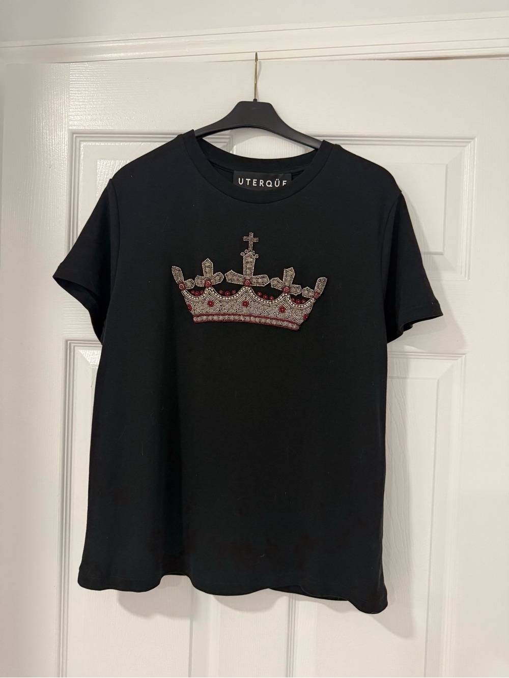Uterque Barcelona Brand Black Embellished Crown T Shirt Large Size New no Tags